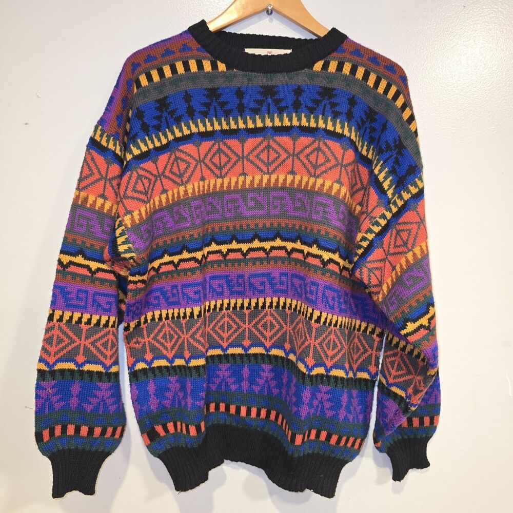 Vintage 80s Obermeyer Aztec Pattern Sweater Wool Knit Multicolor Size Large